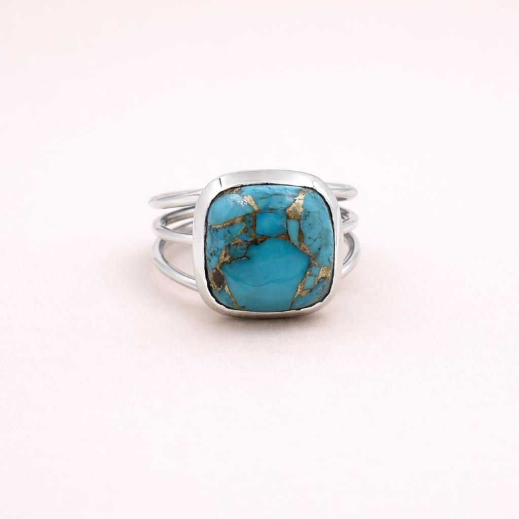 

Cushion Blue Copper Turquoise Ring in 925 Sterling Silver, Bezel Set Gemstone Ring, Boho Handmade Statement Jewelry 4 серебряный