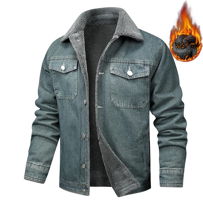 

Korean Style Men s Washed Denim Jacket with Plus Velvet Lining for Autumn/Winter Medium синій
