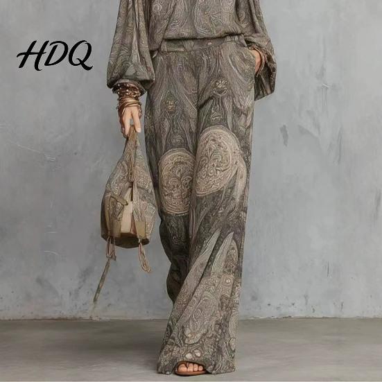 Round Neck Top Women Boho Print 2 Piece Sets for Women Casual