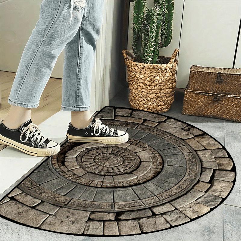 1Pcs Retro Stone and Wood Grain Half Round Door Mat 2D Flat Non Slip Machine Washable Floor Rug for Entryway Living Room Decor