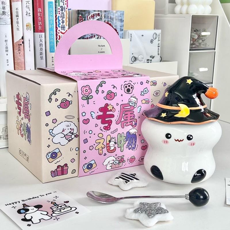 Cute ghost mug with lid spoon high value girl birthday gift office ceramic water cup souvenir