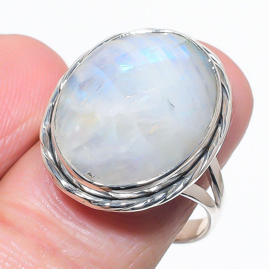 

Natural Rainbow Moonstone Gemstone 925 Solid Sterling Silver Gift Ring S.9 Y5Z31