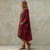 Women's Casual V-Neck Cotton Linen Three-Quarter Sleeve Asymmetric Dress for Everyday Wear