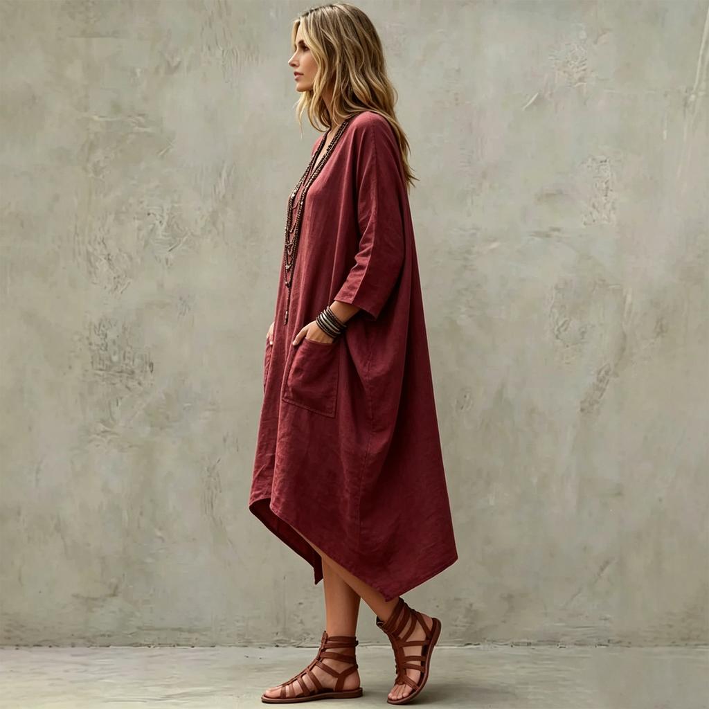 Women's Casual V-Neck Cotton Linen Three-Quarter Sleeve Asymmetric Dress for Everyday Wear