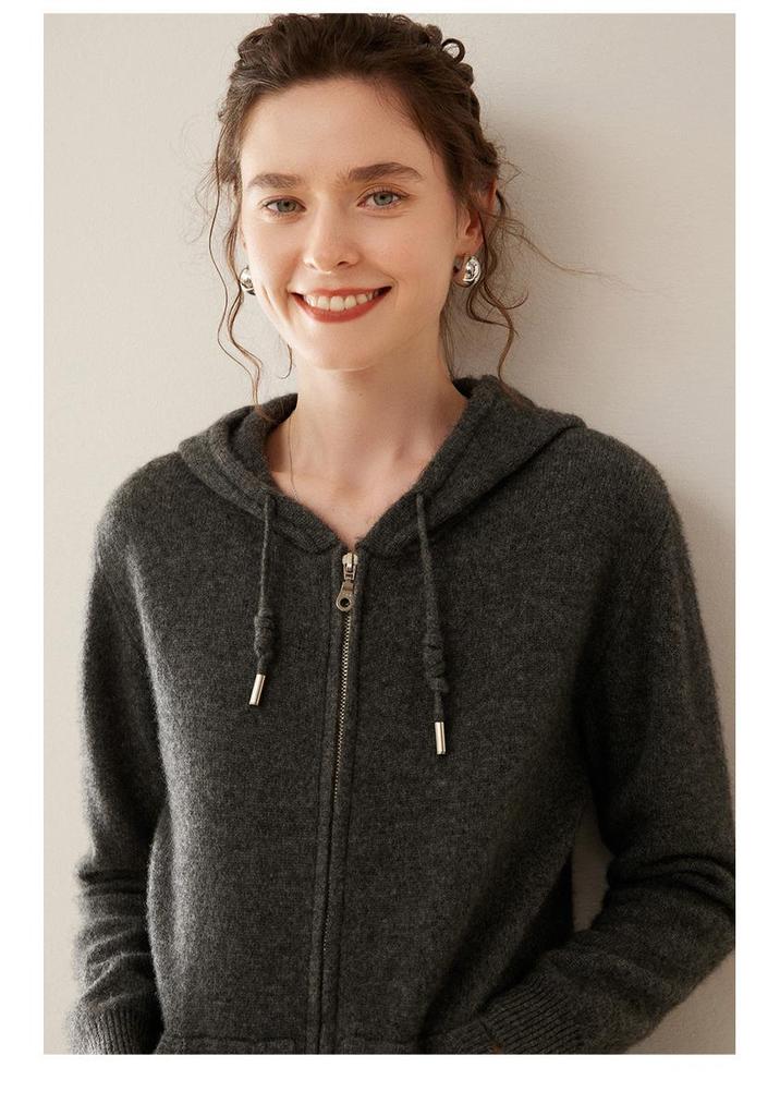 2024 A/W Women's Pure Cashmere Hooded Double Zipper Cardigan - Solid Color, Stylish & Warm.
