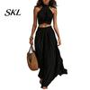 Sleeveless Crop Top Women Women's 2 Piece Outfits, High Neck Halter And Comfortable Summer Pants Wide Leg Matching Set, Beach Vacation Outfits