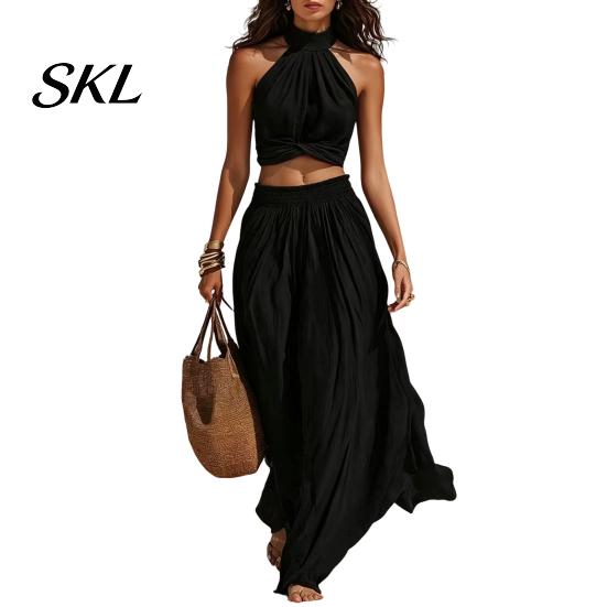 Sleeveless Crop Top Women Women's 2 Piece Outfits, High Neck Halter And Comfortable Summer Pants Wide Leg Matching Set, Beach Vacation Outfits