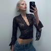 Sexy Deep V Slim Hundred Short Neckless Lace Long Sleeve Lace Top