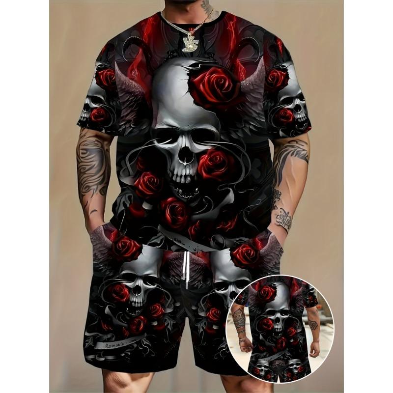 Men s Casual Gothic Skull Set: T-Shirt & Shorts. Urban Style Breathable Sportswear for Outdoor/Travel S чёрный