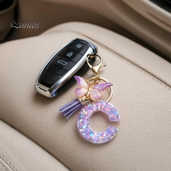 Letter A-Z Key Holder Purple Series Keychain Pendant, Sequins Star Initial Charm Chain with Butterfly Tassel Design, for Bag Purse Backpack Non-fading
