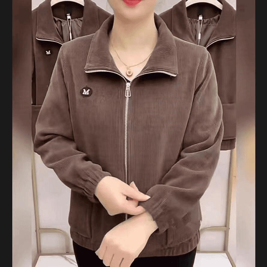 2025 Spring/Autumn Women's Plus Size Corduroy Jacket: Long Sleeve, Loose Fit, Zipper, Solid Color Cardigan