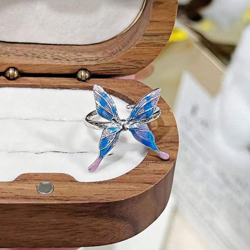 Burnt Blue Enamel Dopamine Flower Butterfly Open Ring Niche High Sense Stacking Wearing Temperament Fashion Index Finger Ring Women