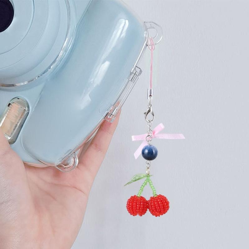 Beaded Cherries Pendant Sweet Phone Chain Strap Hanging Decoration Keychain Lanyard Small Gift for Women Girls