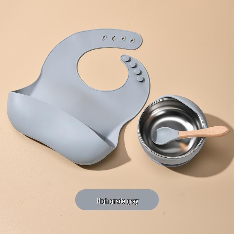 

Детский набор столовой посуды для кормления: Разделенная тарелка из нержавеющей стали с силиконовой присоской и ложкой из пищевого силикона
