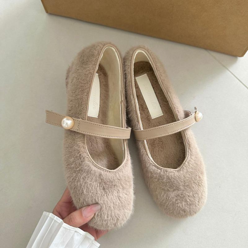 Small Inner Height Increase Ballet Hairy Shoes Women Wear Velvet Mary Jane Shoes In Winter