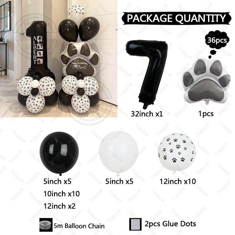 36pcs Black Dog Claw Balloon Numbers 1-9 Birthday Balloon Set Cartoon Animal Theme Party Decoration Pet Party Supplies
