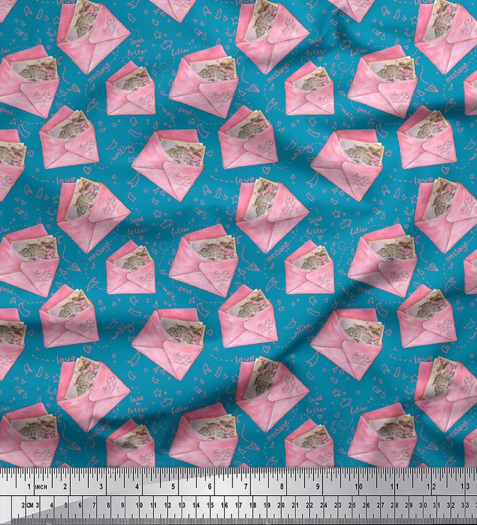 Soimoi Blue Japan Crepe Satin Fabric Text & Envelope Kids Decor Fabric Printed Metre 42 Inch