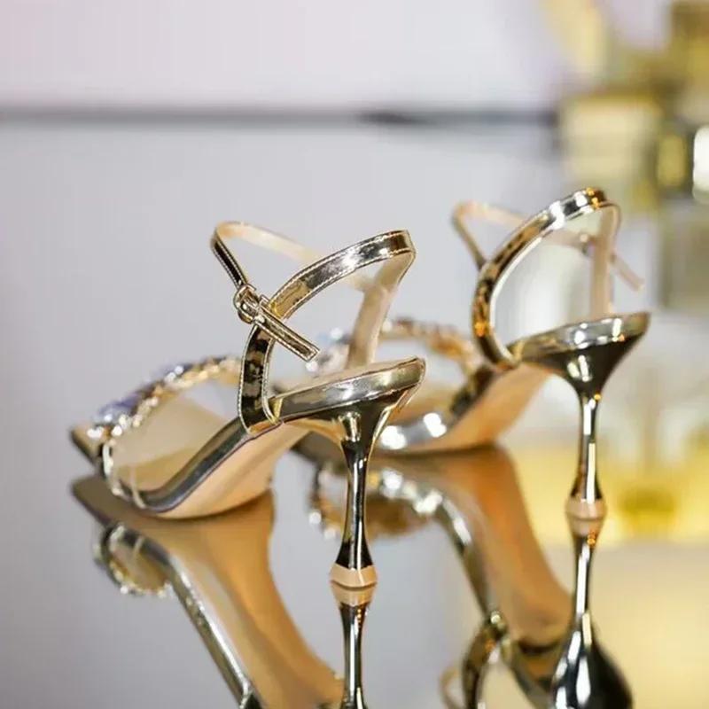 Fashion Gold Silver High Heels Sandals Women 2025 Summer Square Toe Shiny Crystal Sandals Woman Ankle Straps Thin Heel Party Pumps Shoes