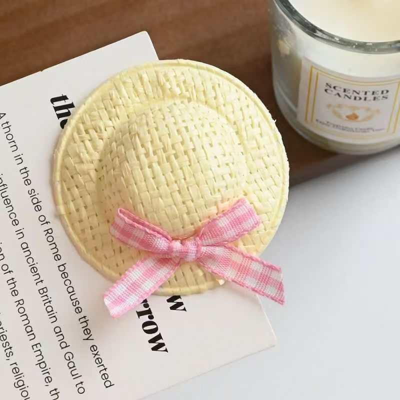 Cute Mini Straw Hat Hair Clips & Hair Ties No Hair Damage Soft Pastel Gingham Bows for Toddler Girls School Daily Wear