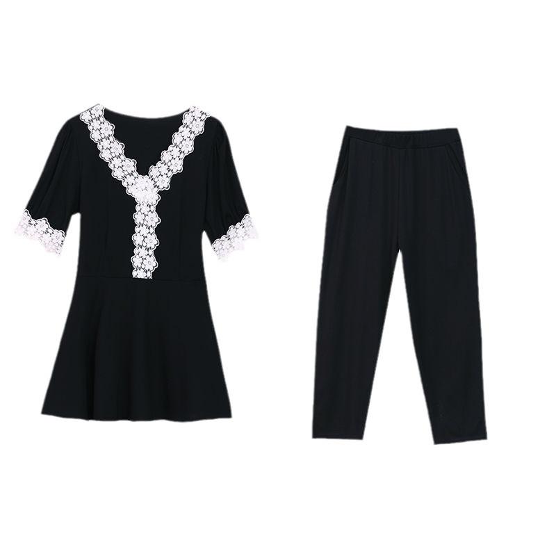 Fashionable and Trendy Large Size Fat Mm Suit for Women, Summer Temperament, Belly-covering Lace Top and Pants Two-piece Set