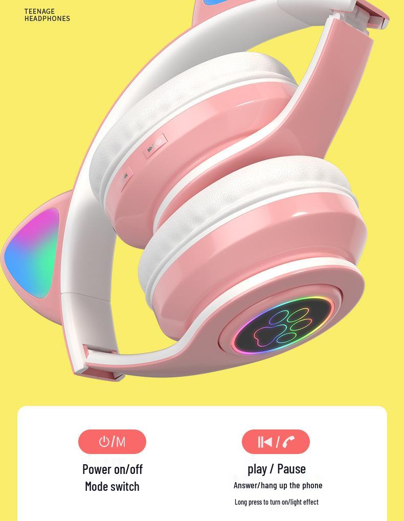 Cat Ear Luminous Bluetooth Headset B39: Foldable, Card Slot, Wireless Earbuds, Universal Compatibility