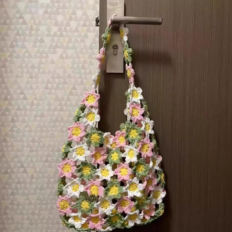 Handmade Crochet Floral Print Shoulder Bag - Summer Gift for Her