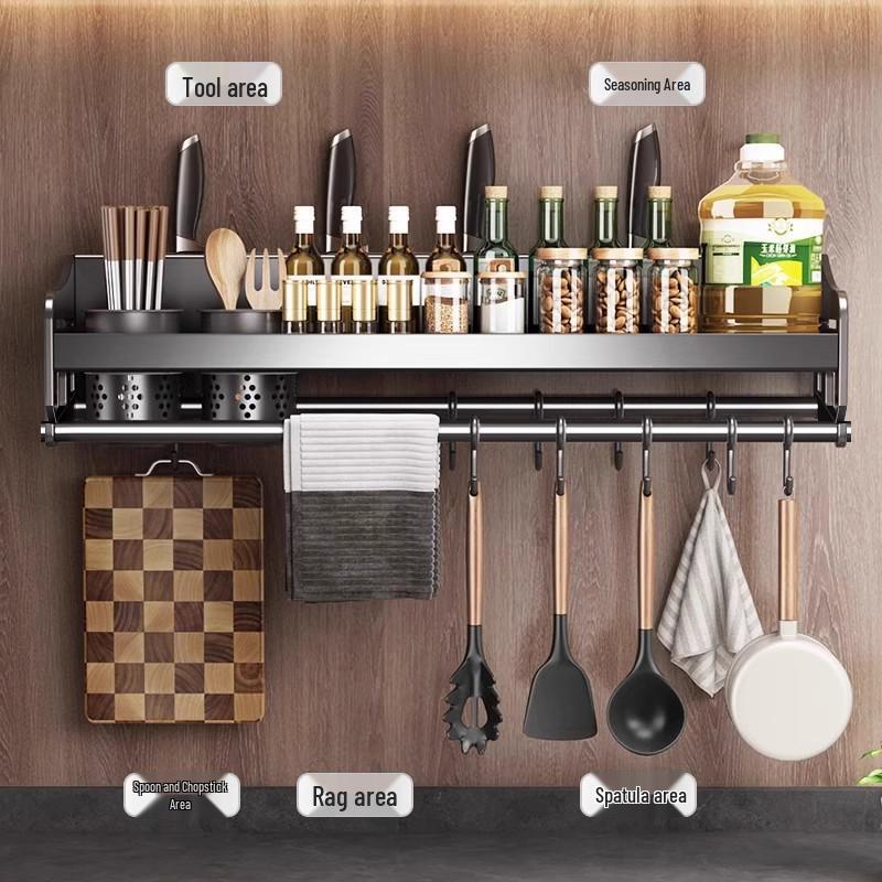 Wall-Mounted Kitchen Storage Rack: Multi-Function Chopstick Holder & Seasoning Organizer, Punch-Free Installation.