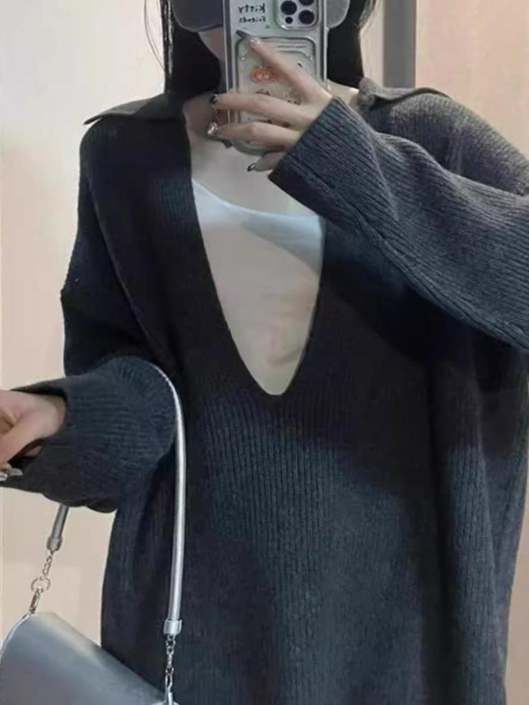 Women's Relaxed V-neck Sweater & Shorts Set - Autumn/Winter Casual Knit Two-piece