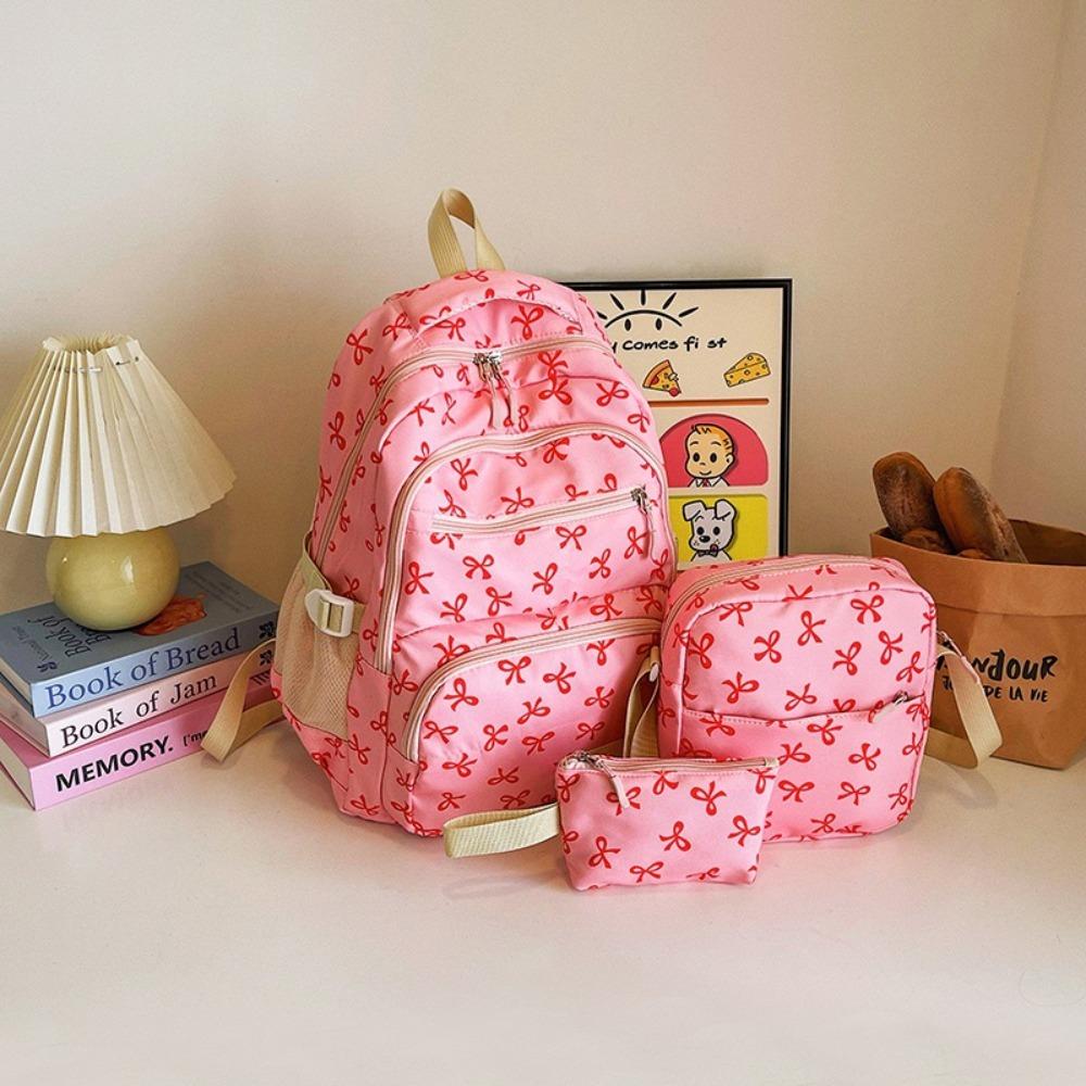 3 Pcs/Set Fashion Large Capacity Bow Backpack Nylon Adjustable Strap Student Backpack Bow Print School Bag