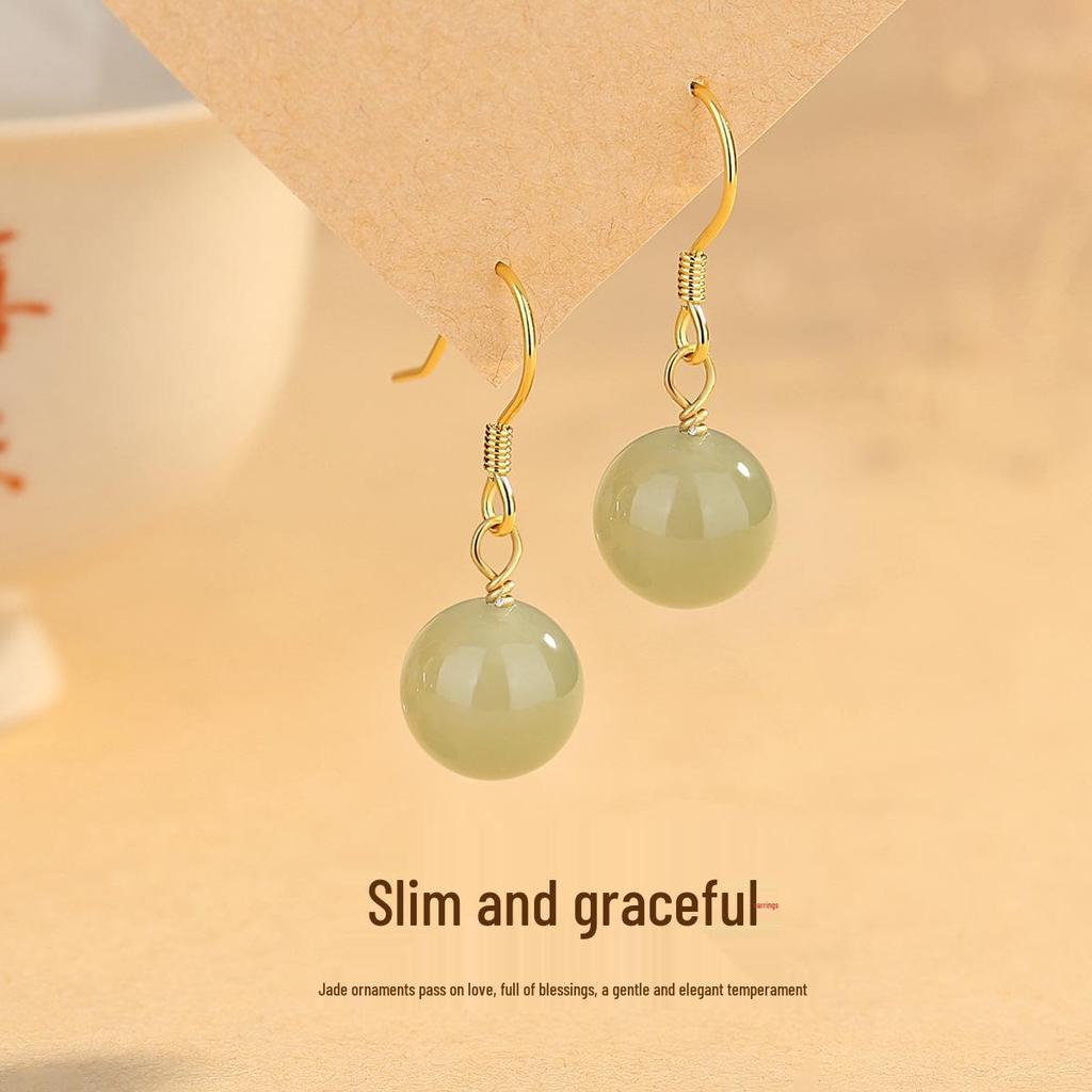 Tichiya Hetian Jade Round Bead Earrings for Women: S925 Sterling Silver, New Chinese Style, High-End Temperament Ear Hooks.