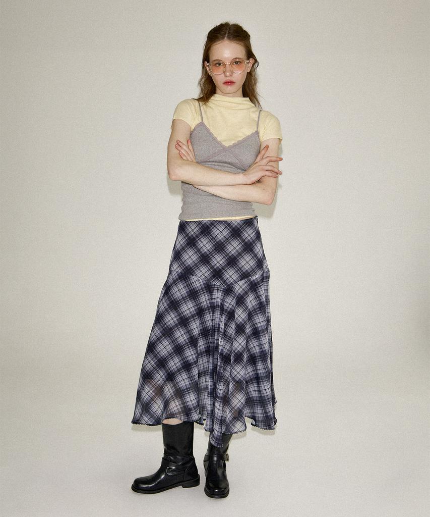 Salon De Yon Unbalanced Check Skirt_ Black