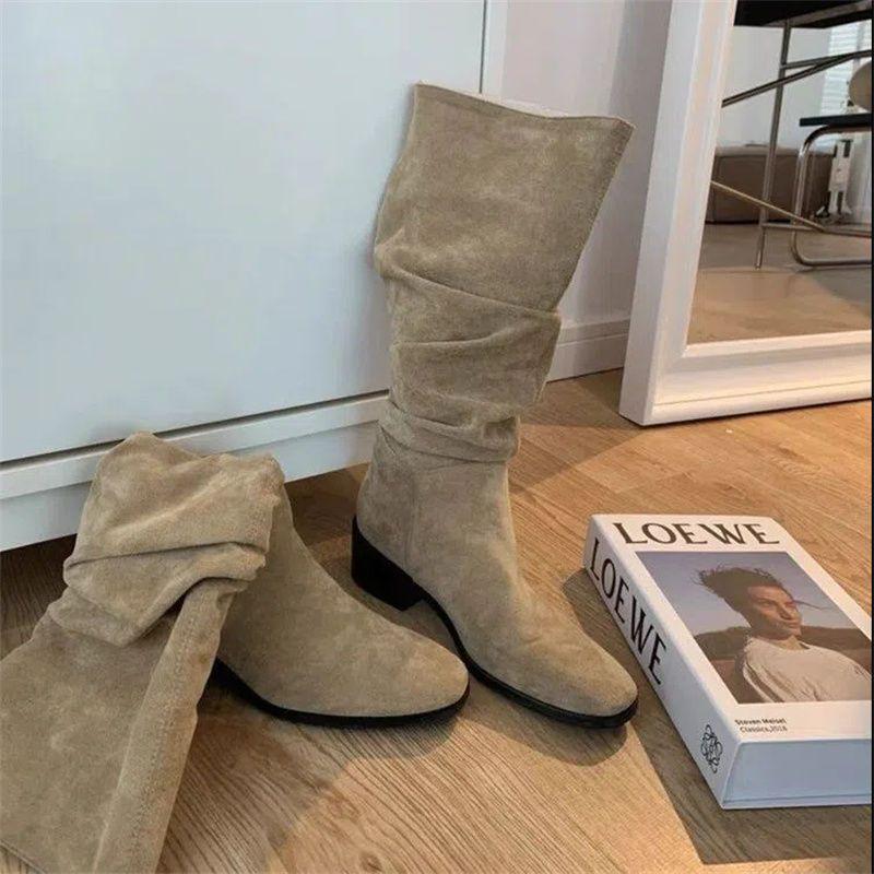 Dámské rytířské boty módní retro semišové silný podpatek špičaté vysoké boty hnědé plisované hromádkové evropské a americké boty obuv