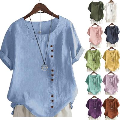 Women's Button Short Sleeve Casual Holiday Streetwear Round Neck Regular Cotton Linen Top Tee