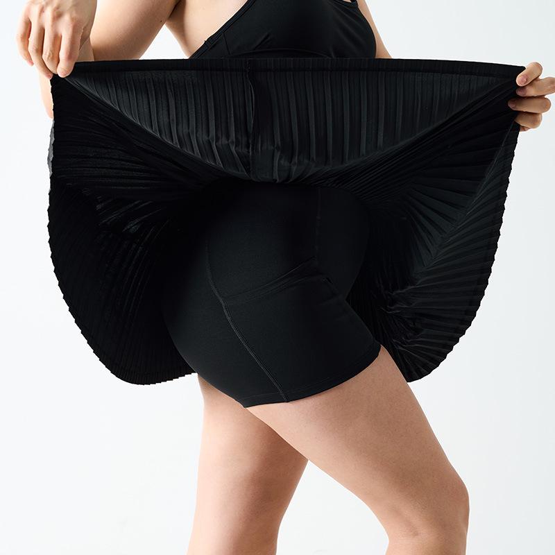 In-Stock High Waist Pleated Athletic Skort with Anti-Exposure and Quick-Drying Features, Side Pockets, and Midi Length