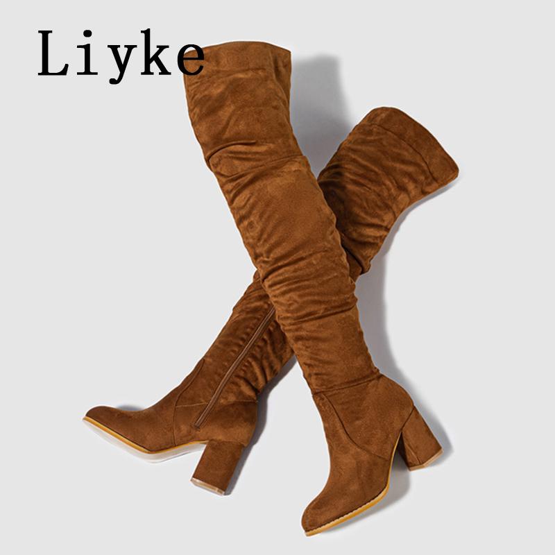 Fashion Liyke 2025 New Fashion Round Toe Zip Thigh High Boots Women Autumn Winter Chunky Heels Motorcycle Over The Knee Shoe Botas Mujer