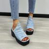 Women Fashion Denim Blue Wedges Sandals Summer  Chunky Platform Heeled Sandals Woman Thick Soled Beach Shoes Plus Size 43