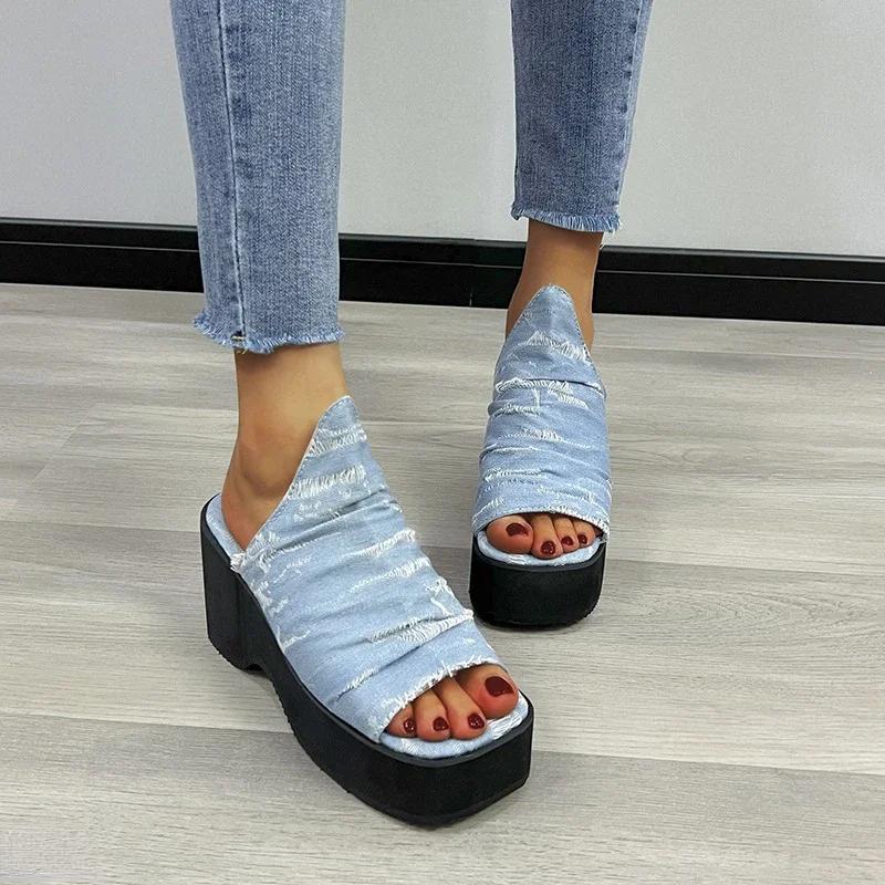 Women Fashion Denim Blue Wedges Sandals Summer Chunky Platform Heeled Sandals Woman Thick Soled Beach Shoes Plus Size 43