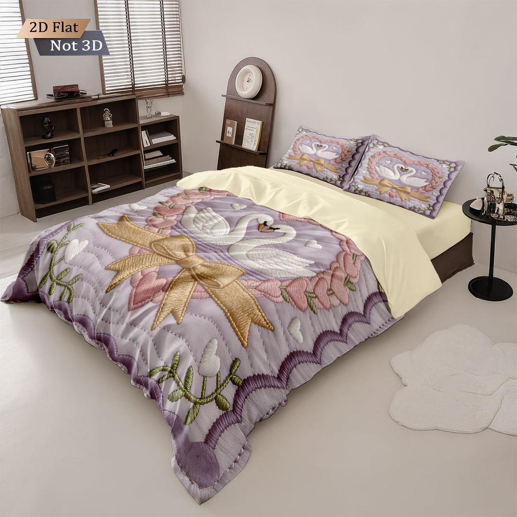 3pcs Valentine's Day Romantic Swan Love Print Coreless Down Duvet Cover Set Comfortable Bedroom Bedding Decoration