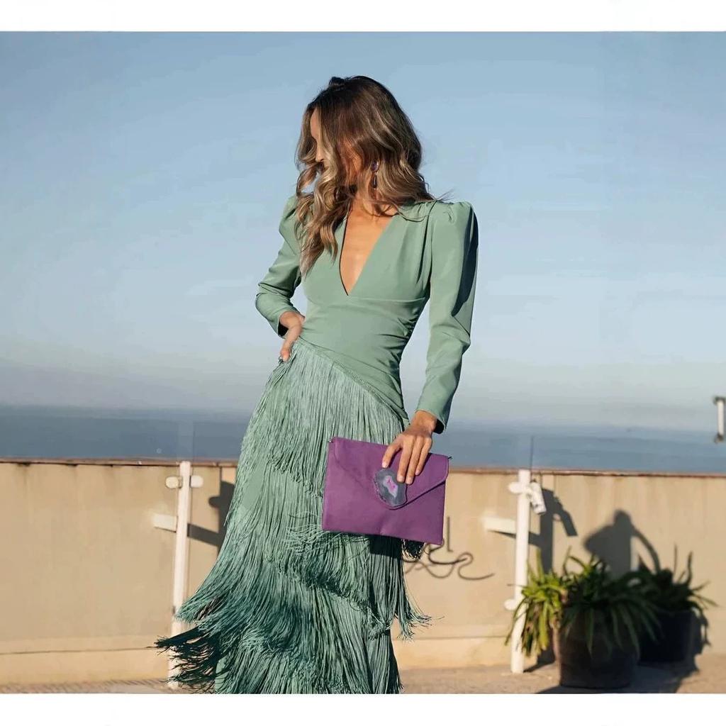 Autumn new European and American fashion suit ins new, deep V fringed slim dress