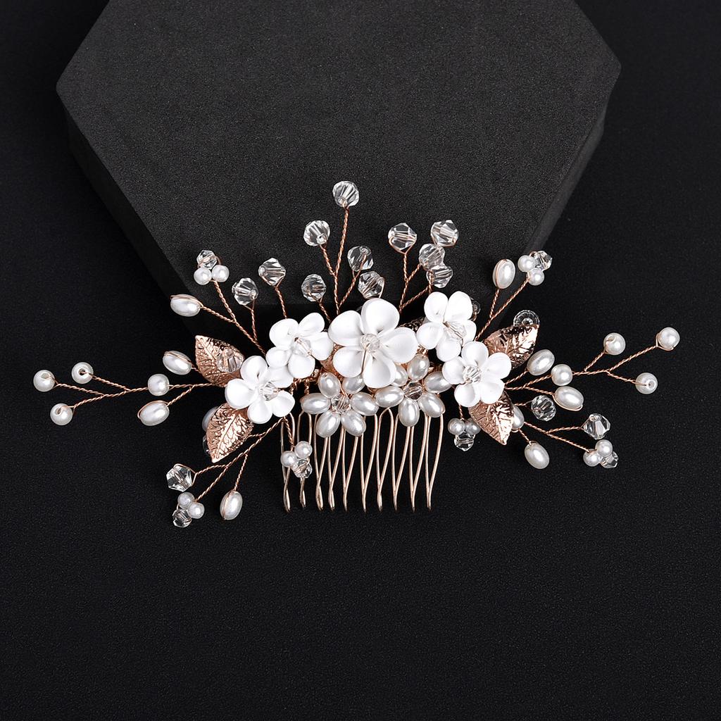Europe and America Cross Border White Polymer Clay Flowers Metal Iron Plate Leaves Hair Comb Bridal Accessories