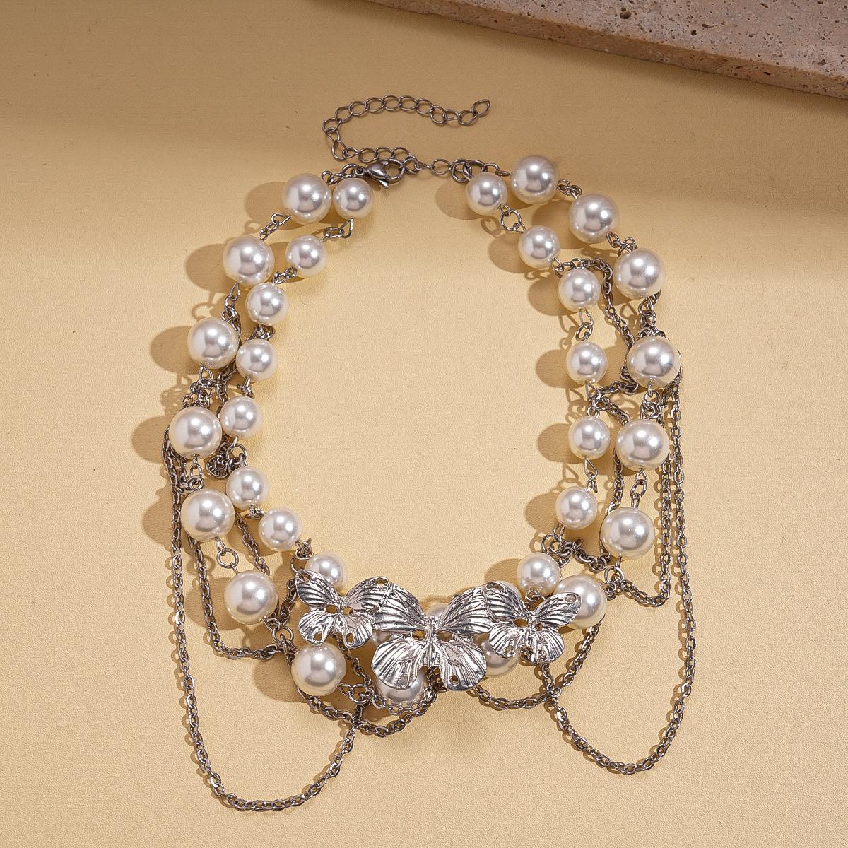 Imitation Pearl Beaded Butterfly Chain Tassel Double Neck Chain Baroque Fashion Necklace