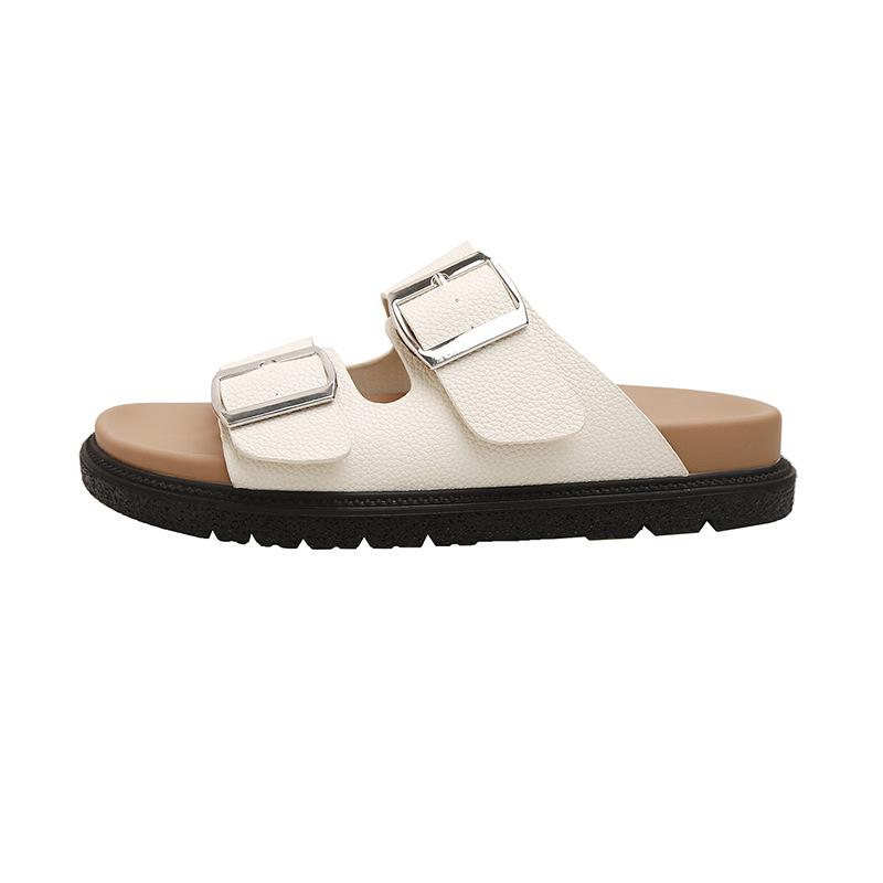 Summer New Flat Bottom One Word with Square Buckle Thick Bottom Beach Cool Slippers Women