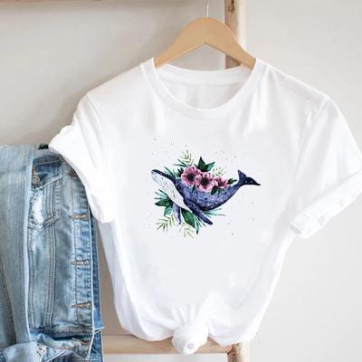 (Tamanho asiático) Roupas Casual Tee Top Flor Aquarela Praia Tendência Moda Camiseta Manga Curta Feminina Estampa Senhora Feminina Gola O Camiseta Gráfica