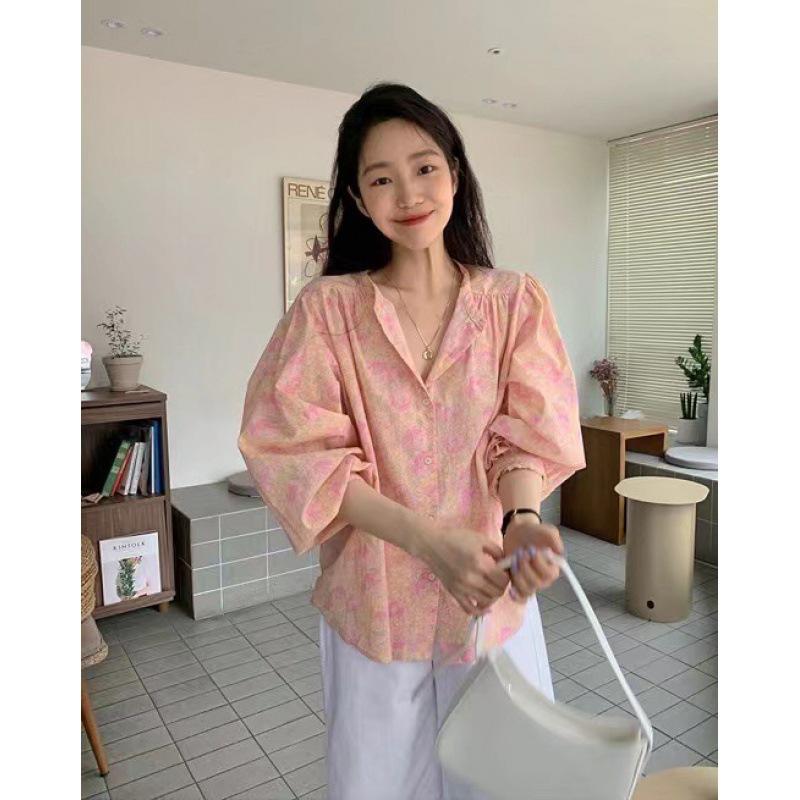 Wiosna Lato Moda damska Kwiatowa koszula z długim rękawem Luźne topy z guzikami