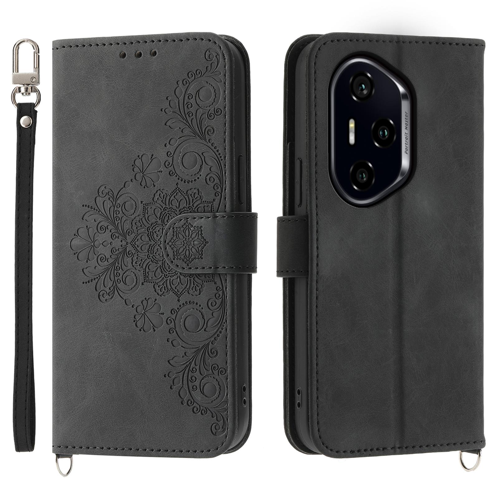 

For Honor 300 Pro/300 Ultra Case Flower Pattern PU Leather Wallet Phone Cover with Strap Black