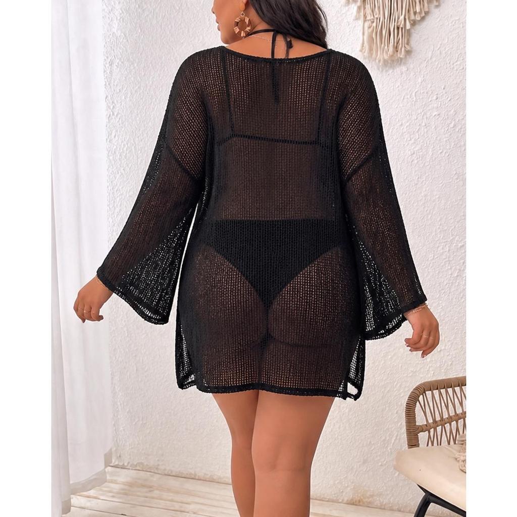 Plus Size See-Through Mesh Long Sleeve Beach Cover-Up with Side Slit