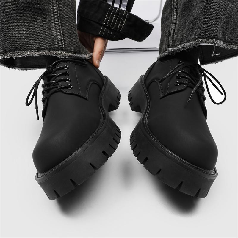 Men's Spring Casual Vintage Thick Sole High Quality Shoes Smart British Style Black Wide Foot Trendy Shoes Leather Casual Shoe