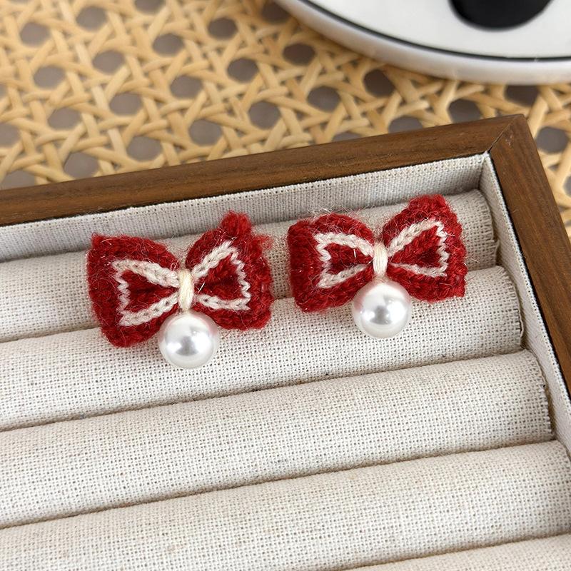 

Осенние и зимние новые красные серьги с бантом для волос, винтажные серьги для девочек с милым темпераментом, высококачественные смысловые серьги красный