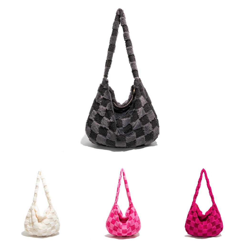 Große Kapazität Kontrastfarbe Gitter Plüschtasche Mit Reißverschluss Für Frauen