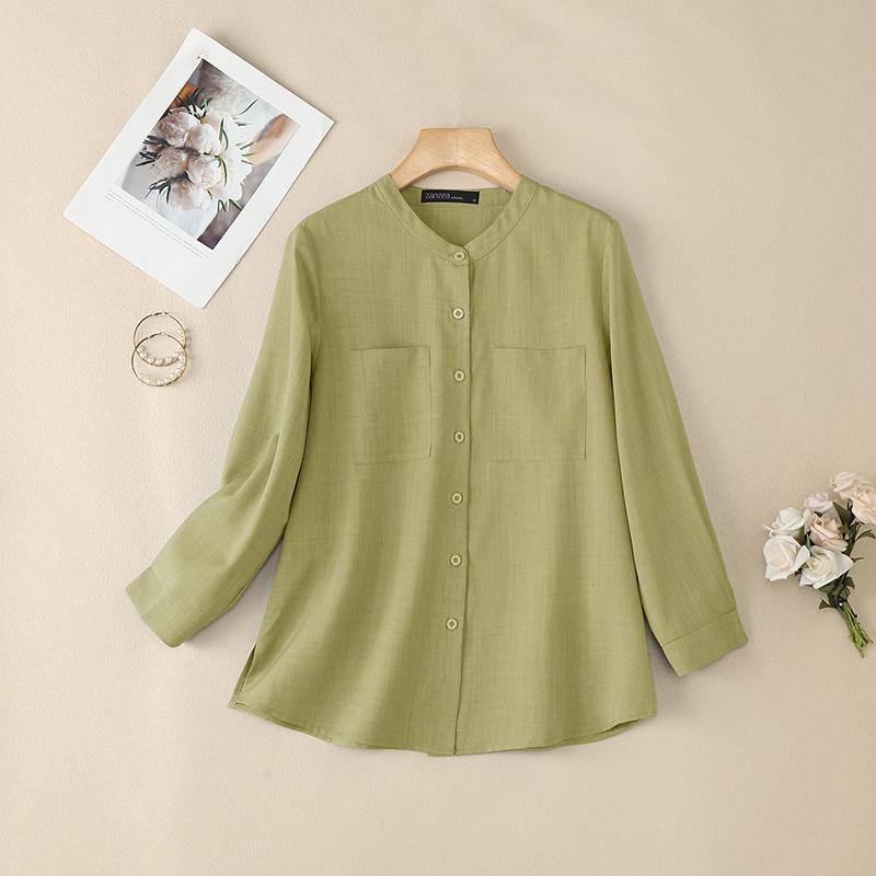 ZANZEA Kadın Günlük Yuvarlak Yaka Düz Renk 3/4 Kol Bol Bluz